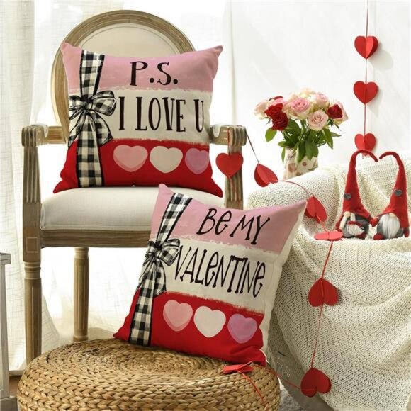 Lovely Be My Valentine Red Candy Heart Throw  4 Pillow Covers, 18 x 18 - Picture 4 of 7